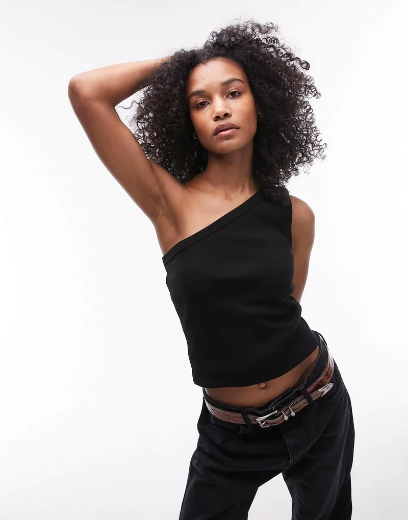 Topshop rib one shoulder vest in black