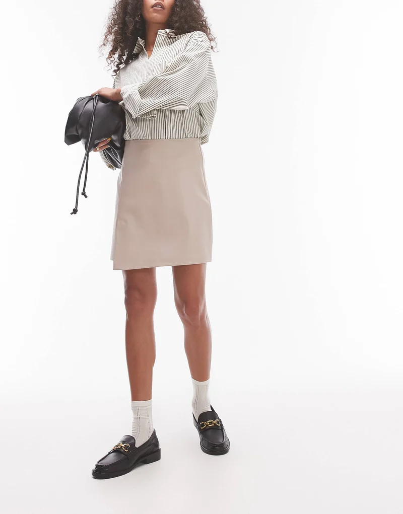 Topshop faux leather step hem mini skirt in fawn