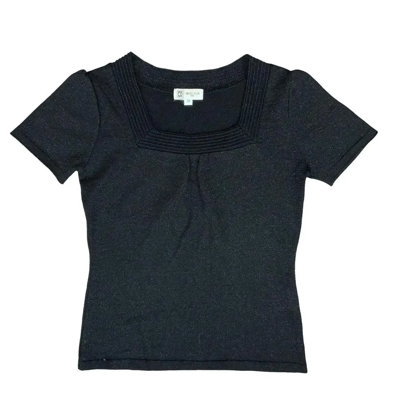 VTG 90s 'MICHEL KLEIN' BLACK SPARKLE DISCO KNITTED SQUARE NECK BLOUSE UK 8/10