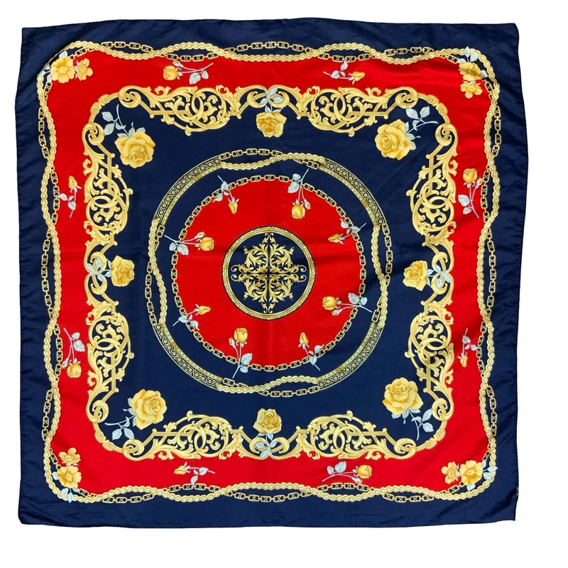 VTG BLUE RED GOLD ROYAL CHAIL FLORAL ROSE INTRICATE DESIGN SQUARE SCARF