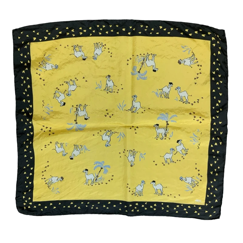 'QS CLOTHING' YELLOW & BLACK CAMELS IN HATS GRAPHIC 100% SILK SQUARE SCARF