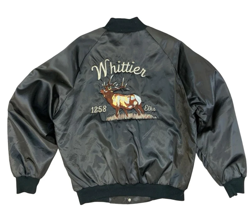 VTG USA 80s WHITIER ELKS CLUB LODGE CA SILKY COACH VARSITY JACKET FRAT MASONS L
