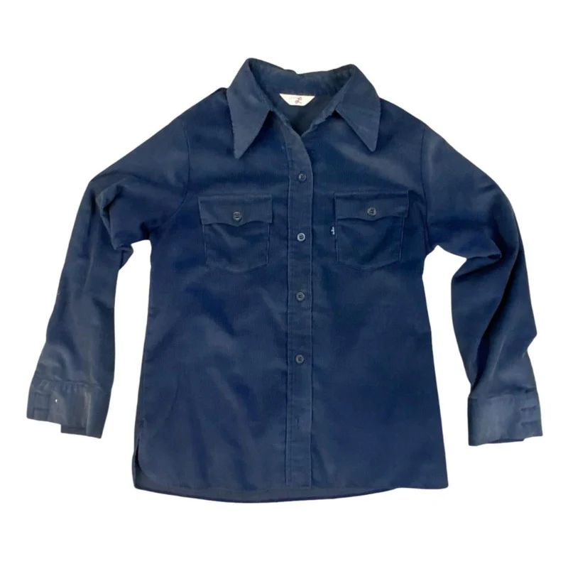RARE VTG 1970s BIG E LEVIS CORDUROY SHIRT BIG DAGGER COLLAR NAVY BLUE M