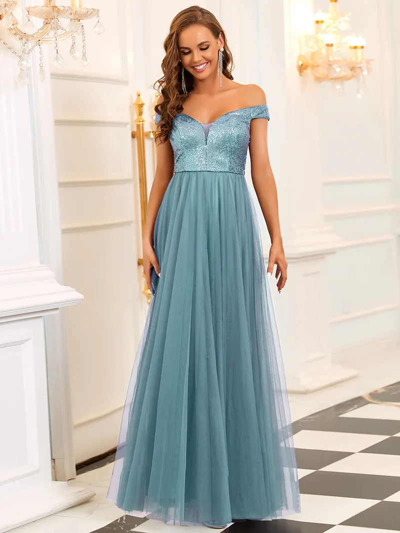 REA Lång klänning med off shoulder dusty blue