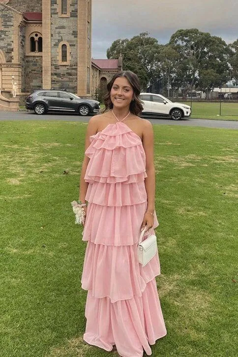 Halter Rosa Chiffong Layered Golvlång Balklänning Elegant Stödjande