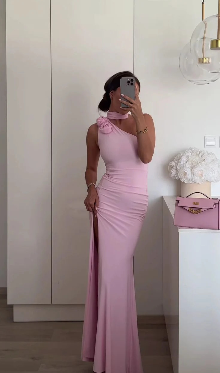 Elegant satin sjöjungfrubalklänning lång aftonklänning rosa