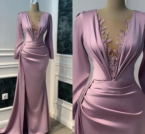 Vintage Satin Långärmad Illusion V-ringad Sjöjungfru Aftonklänning