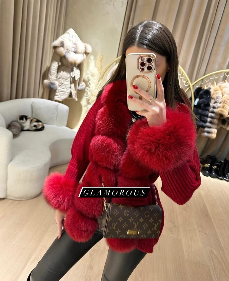 Bombshell Fox Fur Cashmere/Knit Short Cardigan in red