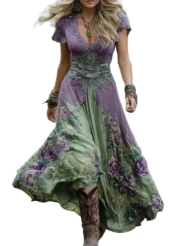 Damklänning Lila Bohemisk Maxi V-ringad Med Tryck