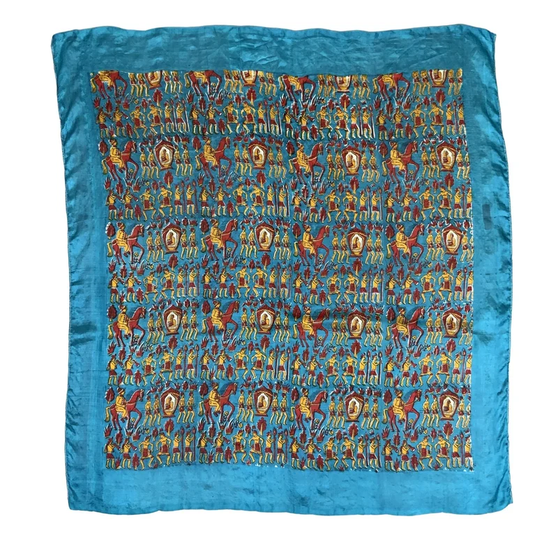 VIBRANT TRADITIONAL INDIAN WARRIOR RELIGIOUS TEAL GOLD SILK SQUARE SCARF