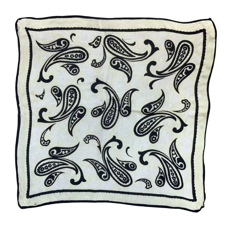 VTG BLACK YELLOW CREAM PAISLEY LIGHTWEIGHT BANDANA PATTERNED SQUARE SCARF