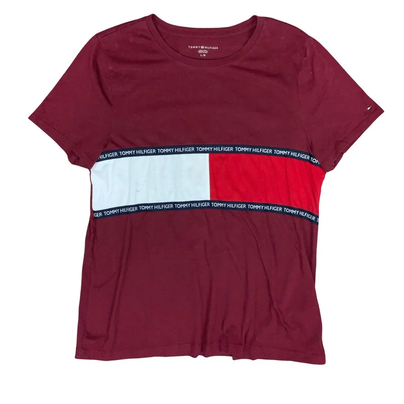 00s 'TOMMY HILFIGER' BURGUNDY RED LOGO SHORT SLEEVE CASUAL SPORT T-SHIRT S M