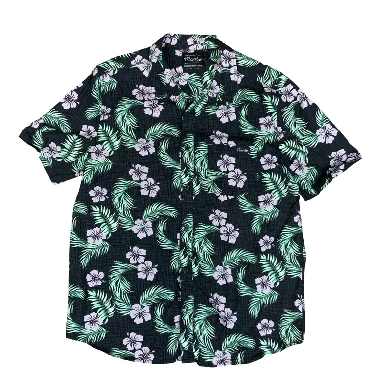 HAWAIIAN 'MAMBO' BLACK FLORAL SURF GRAPHIC HOLIDAY RELAXED CASUAL SHIRT L