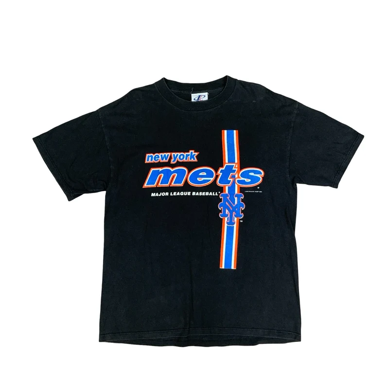 Vintage 1999 Logo Athletic New York Mets MLB Black Graphic T-Shirt Large