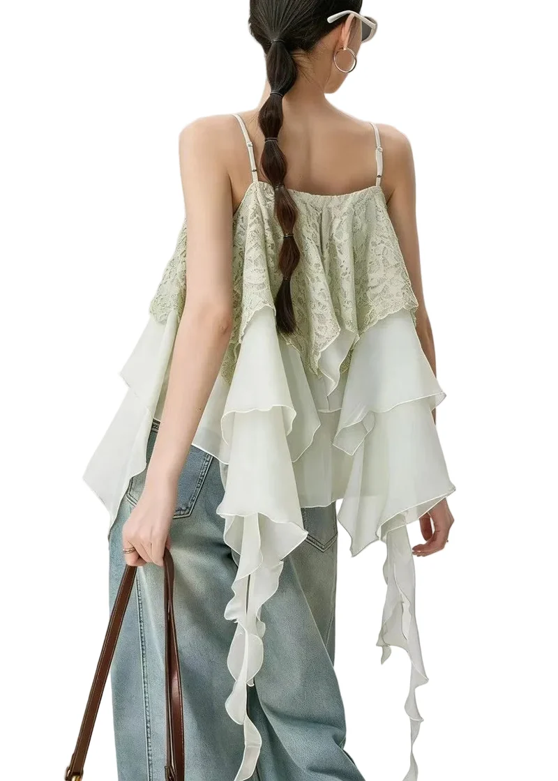 Dam Topp Asymmetrisk Layered Patchwork Vit