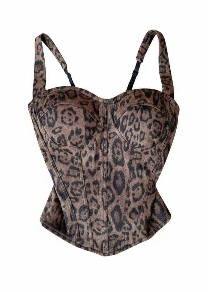 Dam Bustier Top med Leopardmönster och Fiskbensdesign