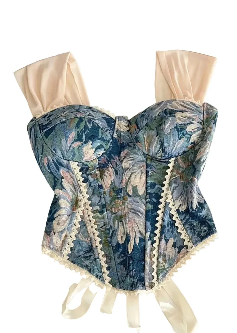 Damtop Blå blomma Med Snörning Jacquard Spets Patchwork Sommarstil