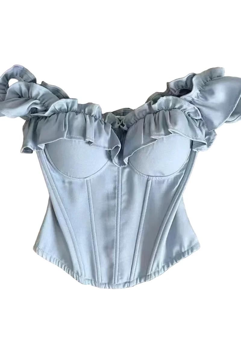 Dam Bustier Blå Topp med Volang och Fiskbensmönster