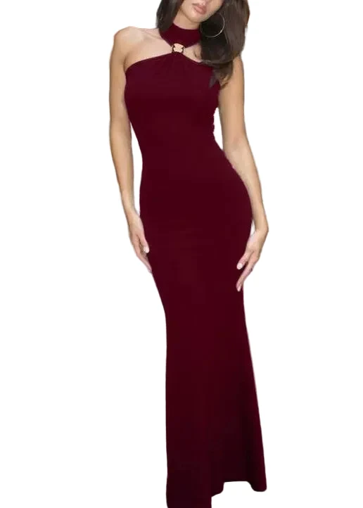 Damklänning Boho Lång Cold Shoulder Slim Fit Röd