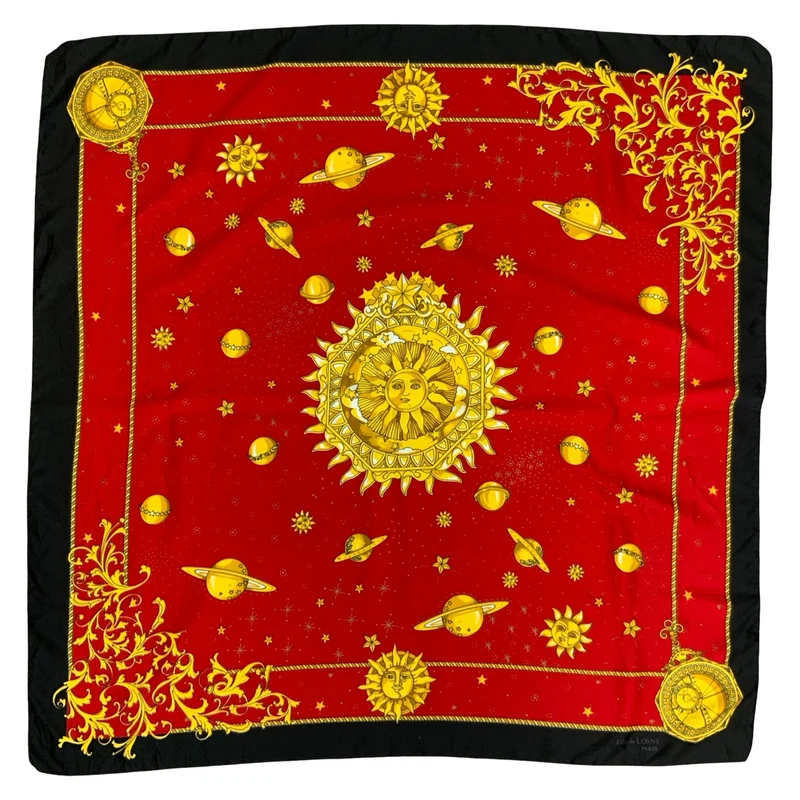 90s 'GIL DE LOSNE' PARIS RED BLACK GOLD CELESTIAL SUN PLANETS SQUARE SCARF