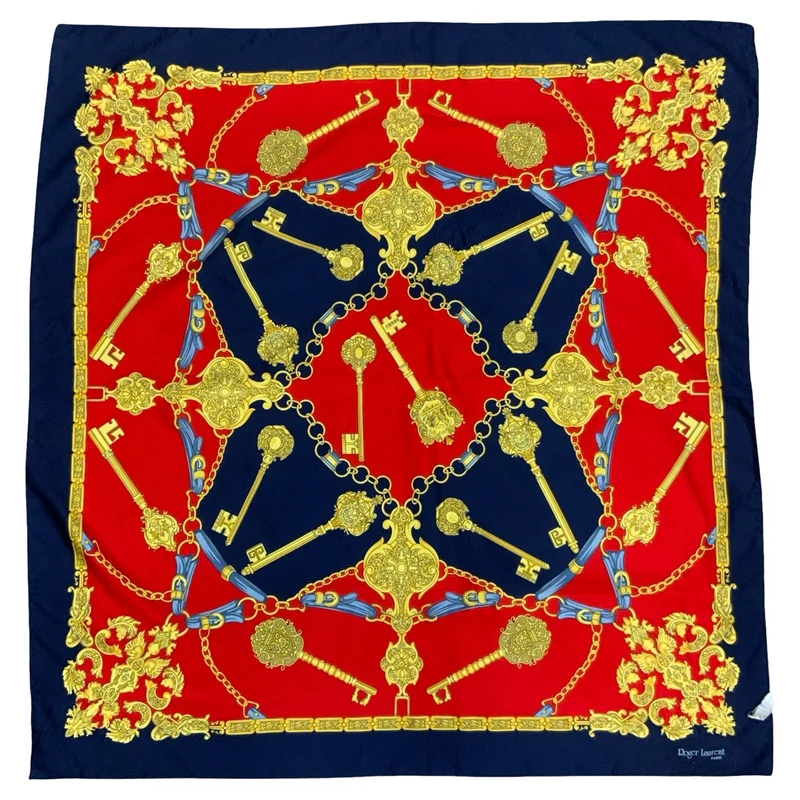 VTG 90s 'ROGER LAURENT' PARIS RED BLUE GOLD KEY CHAINS ROYAL DESIGN SQUARE SCARF