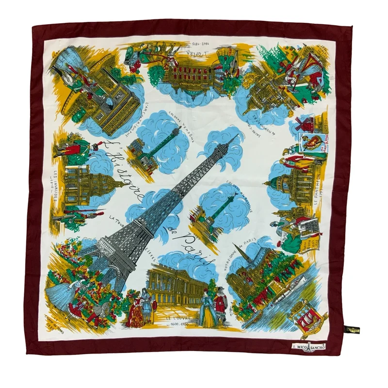 VTG 'J. MICO SANCHO' FRANCE BURGUNDY PARIS DESIGNER SQUARE TOURIST SCARF