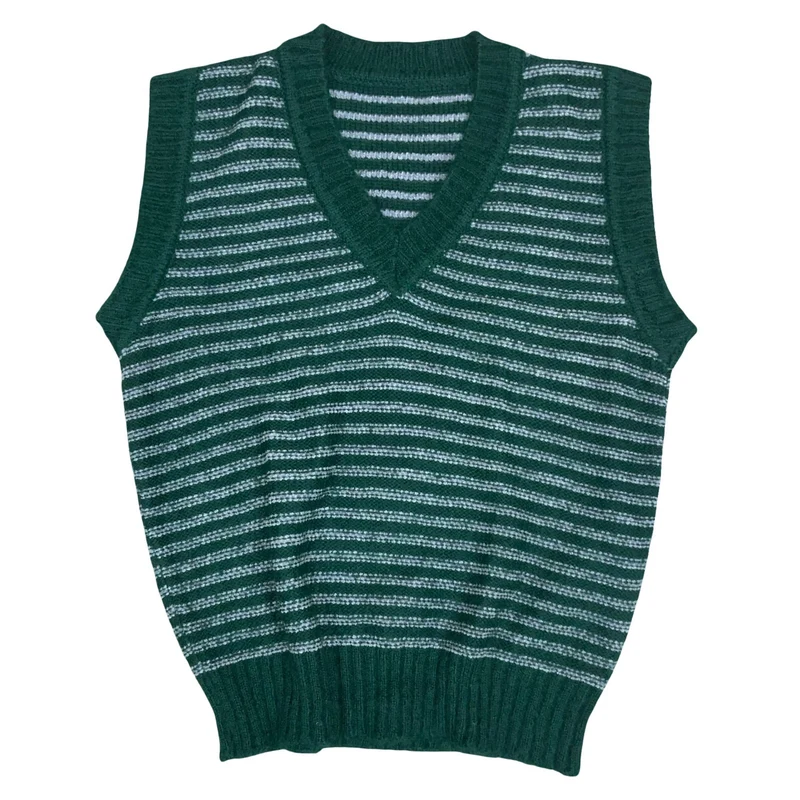 VTG Green Grey V-Neck Striped Sleeveless Knit Sweater Vest Medium UK 12/14