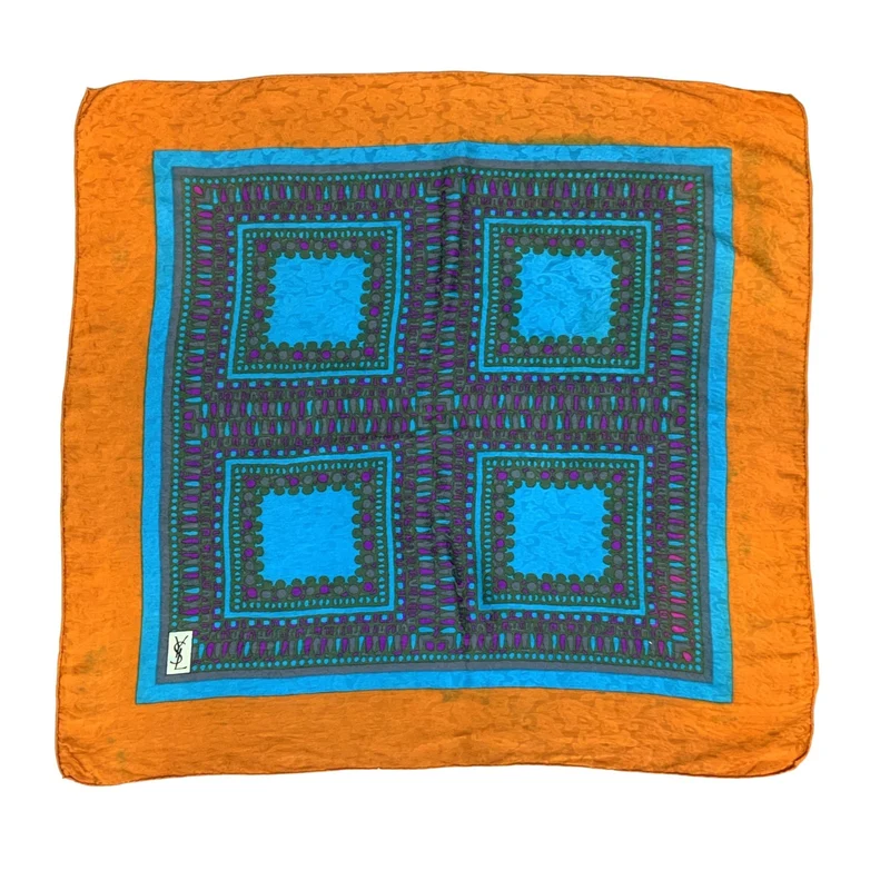 VTG 70s 80s YSL 'YVES SAINT LAURENT' ORANGE BLUE GEOMETRIC SILK SQUARE SCARF