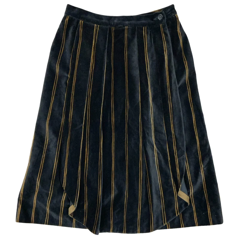 Vtg 'Giorgio Armani' Black Gold Striped Cotton Velvet Pleated Midi Skirt UK 10