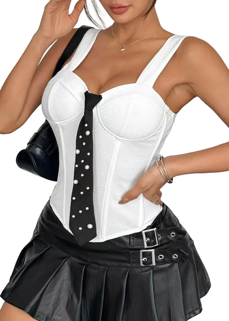 Dam Bustier Top med Knut och Pärldetalj Modern Stil Vit