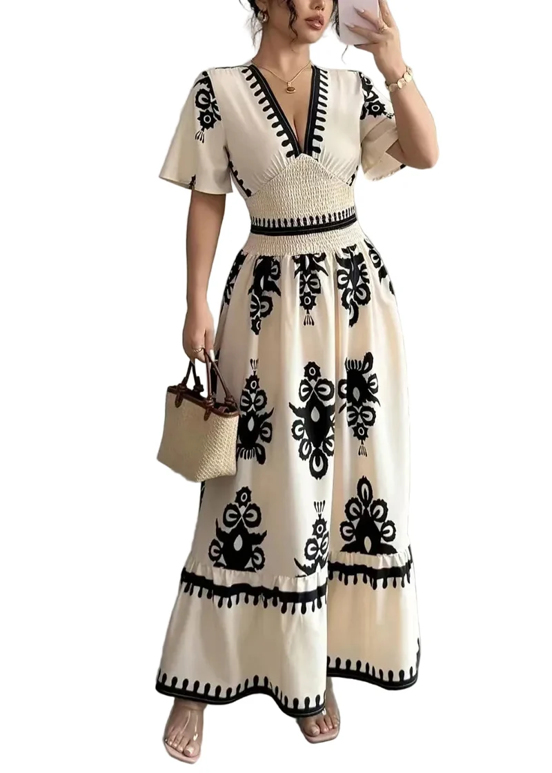 Damklänning Beige Kortärmad V-ringad Feststil