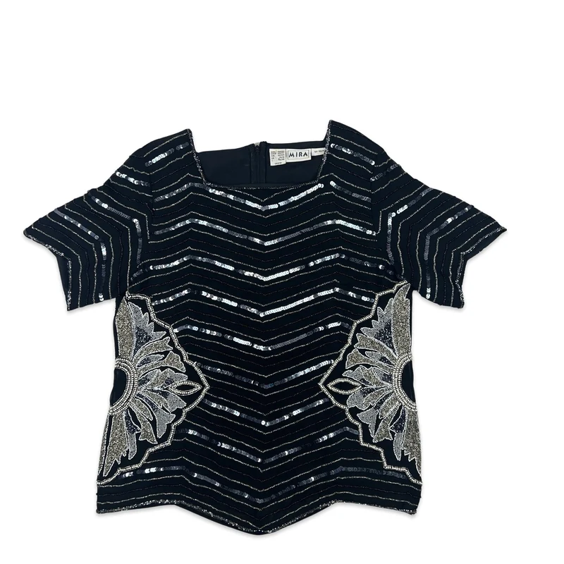 Vintage 80s Boxy Sequin Blouse Black Silver 12 14 16