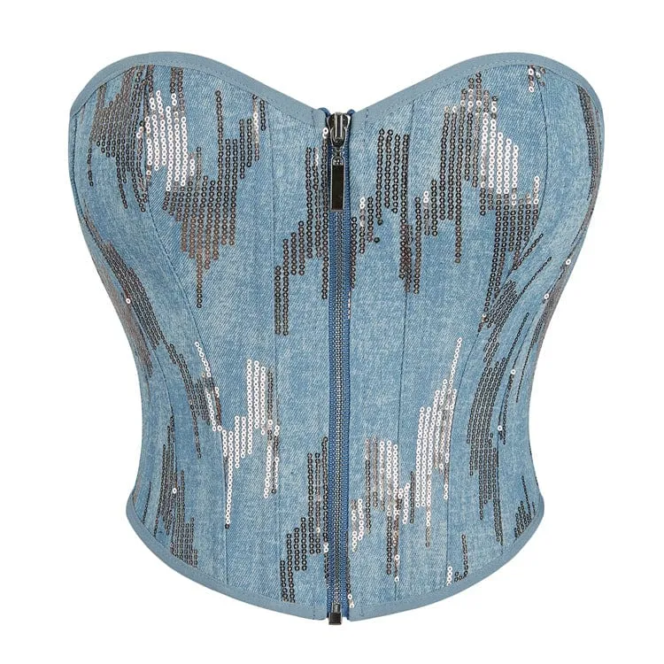 Kvinnors Grunge Sequin Zipper Denim Overbust Corset