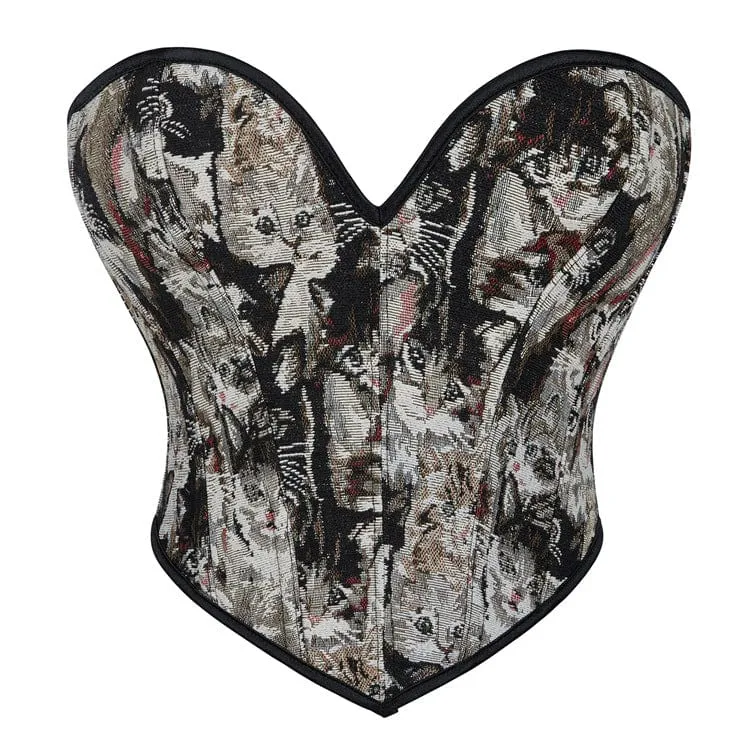 Gothic Cat broderad korsett med snörning över byst för kvinnor