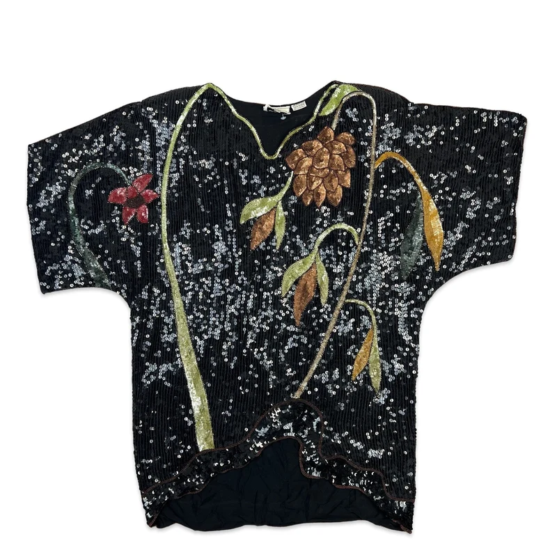 Vintage 80s Boxy Oversized Sequin Blouse Black Green Red Gold 12 14