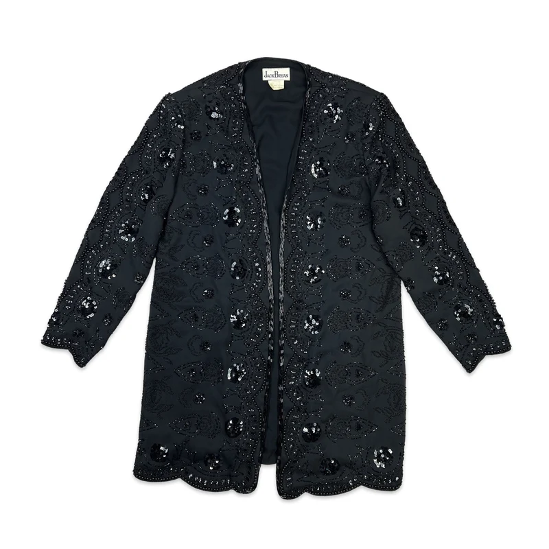 Vintage 80s Longline Sequin Jacket Black 12 14