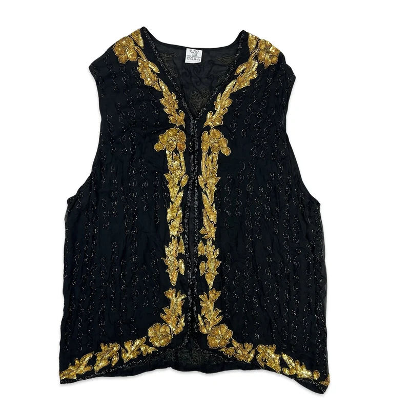 Vintage Sequin Blouse Waistcoat Black Gold 16
