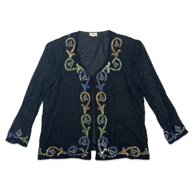 Vintage 80s Sequin Jacket Black Purple Green 16