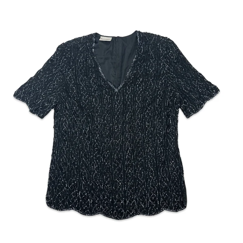 Vintage 80s Boxy Oversized Sequin Blouse Black 14 16