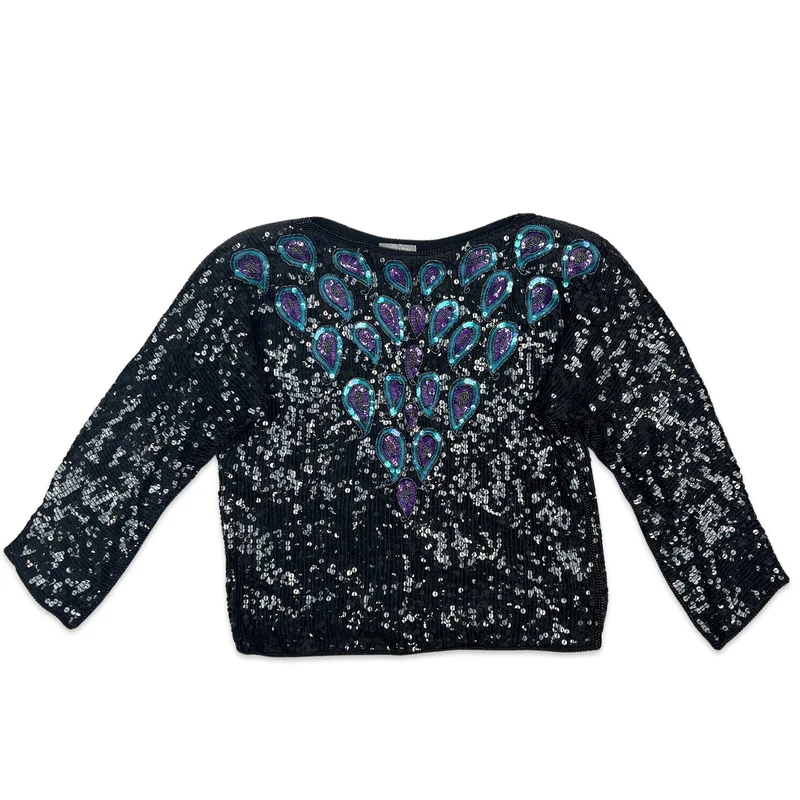 Vintage 80s Boxy Oversized Sequin Blouse Black Purple Blue 8 10 12