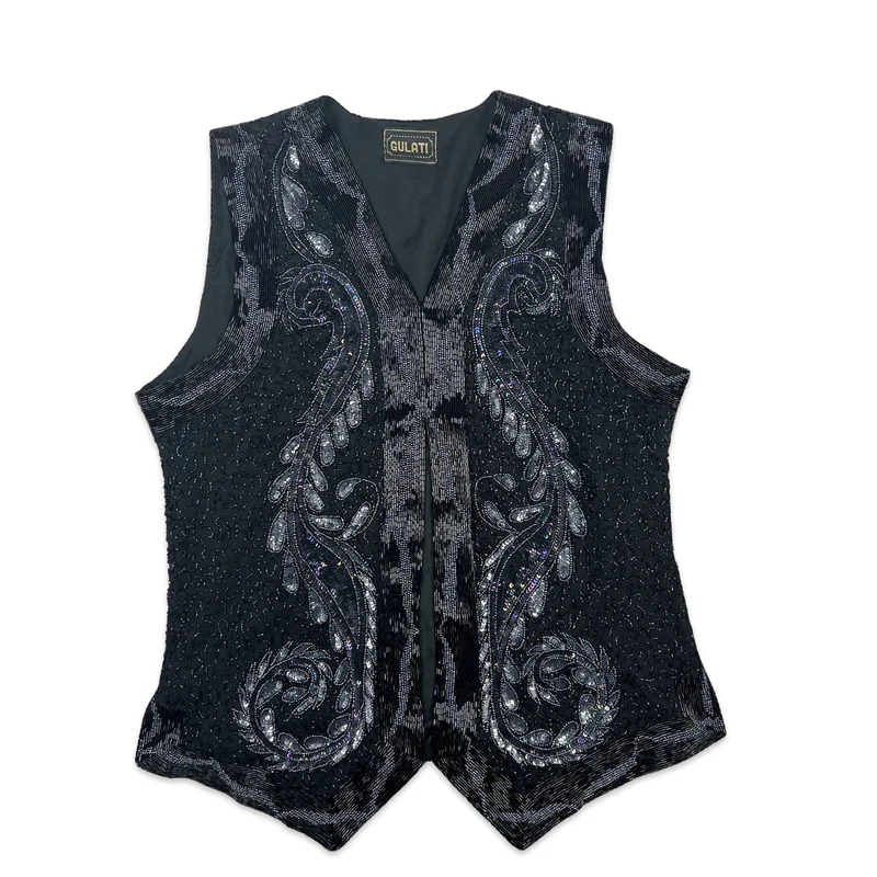 Vintage Sequin Vest Black Silver 10 12