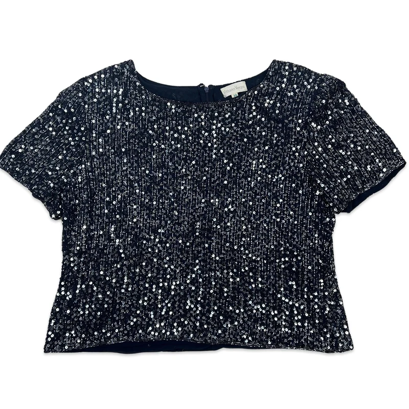 Vintage 80s Oversized Boxy Sequin Blouse Blue Silver 12 14