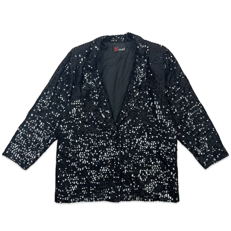 Vintage 80s Sequin Blazer Jacket Black 14 16