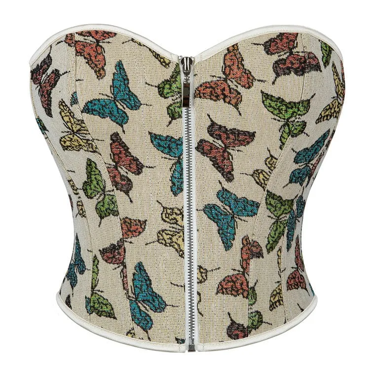 Gothic Butterfly Printed Front Zip Overbust Corset för kvinnor