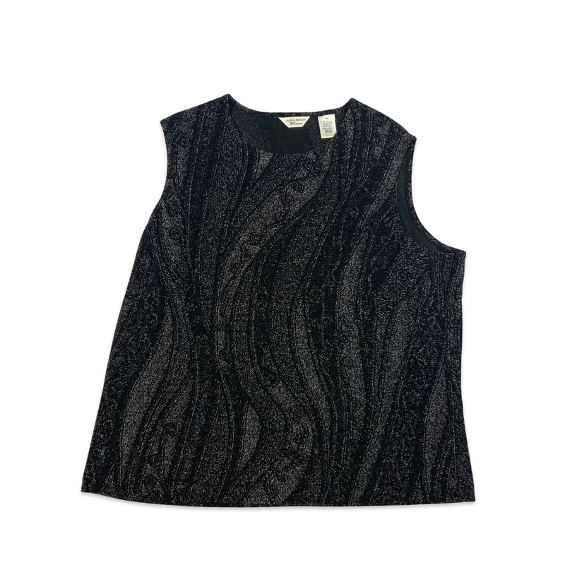 Vintage Laura Ashley Black and Silver Lurex Sleeveless Blouse 16 18 20