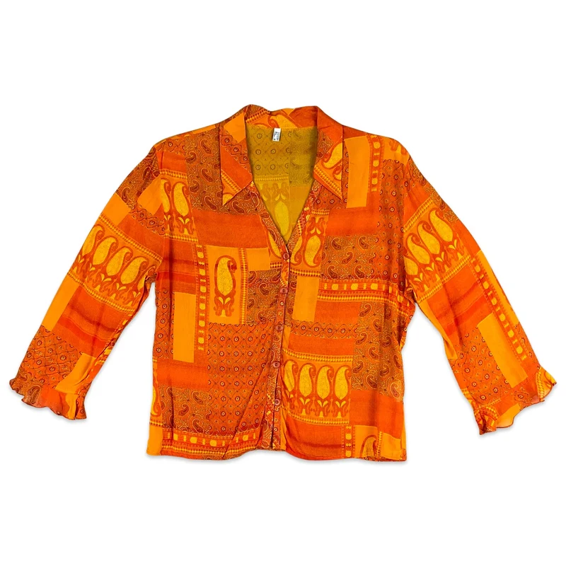 Vintage 90s Orange Paisley Blouse 10 12 14