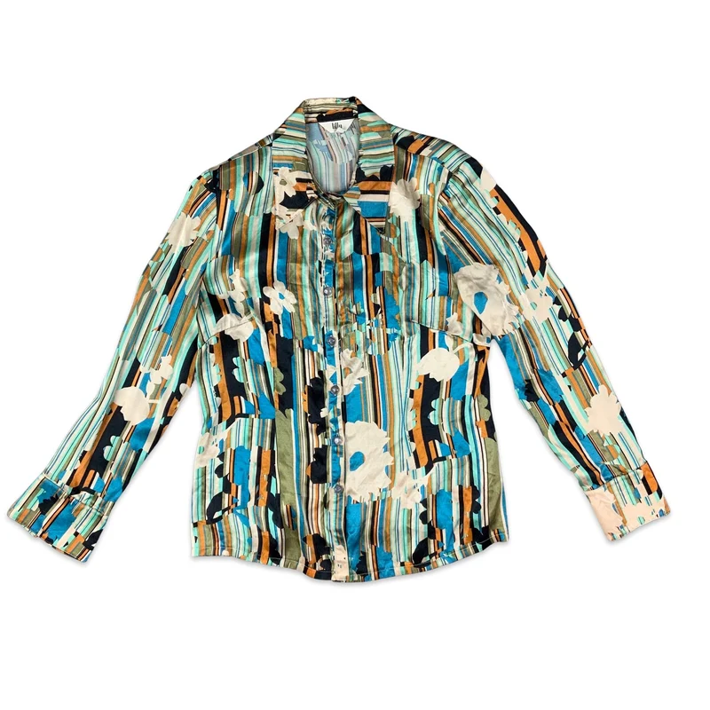 Vintage 90s Y2K Blue Orange & White Floral Striped Print Satin Blouse 8 10