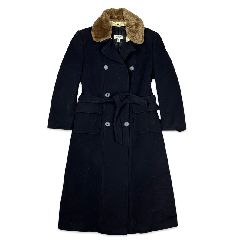 Vintage Womens Navy Blue Wool Duster Coat Overcoat 12