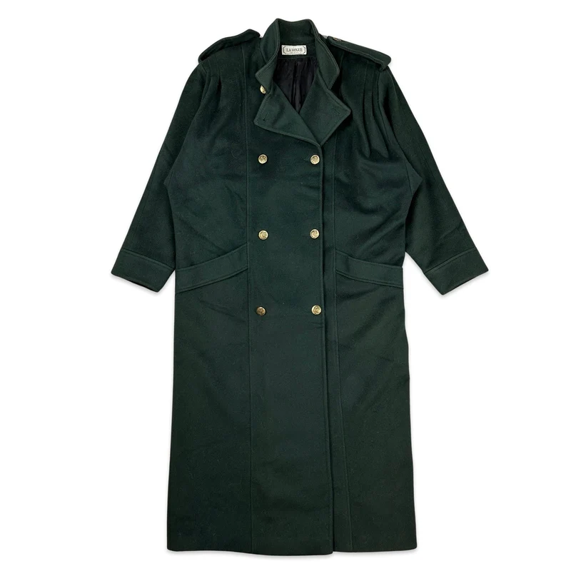 90s Vintage Ladies Forest Green Wool Duster Coat Overcoat 18