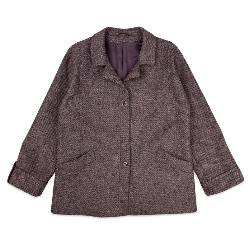 80s Womens Vintage Purple Wool Tweed Coat Jacket Blazer 12